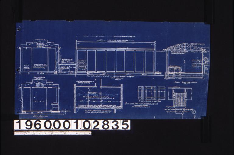 South elevation\, west elevation\, cross sect. thro' building\, north elevation\, plan of alterations and additions to old building (not in this contract)\, 1 1/2" scale plans of cast caps\, 1 1/2" scale detail of platform : 3