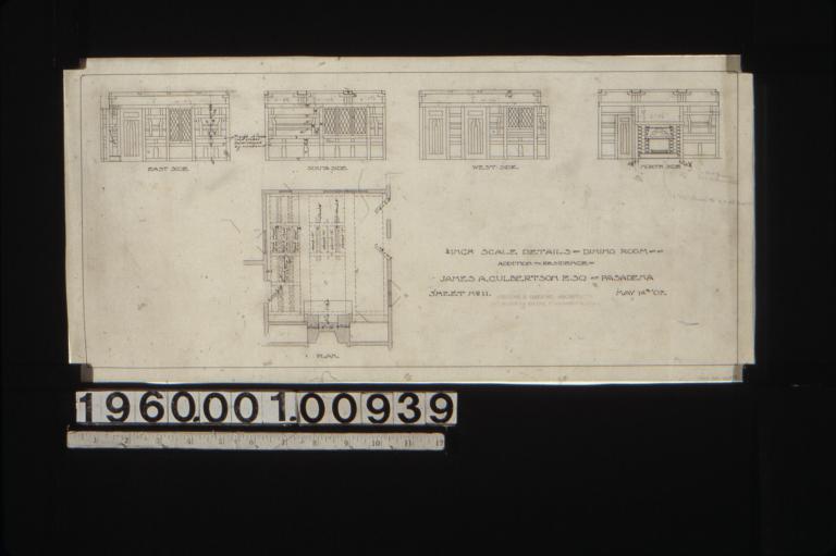 1/4 inch scale details of dining room -- elevations of east side\, south side\, west side\, and north side; plan : Sheet no. 11\,