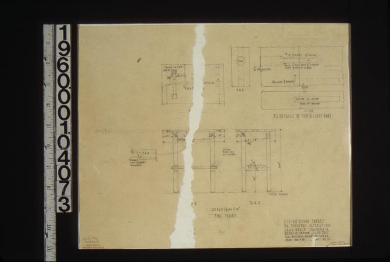 Living room tables -- plan\, side elevation with F.S.D\, end elevation\, F.S. details of top & cleat ends showing end\, top and side; [Sh]eet no. 21.