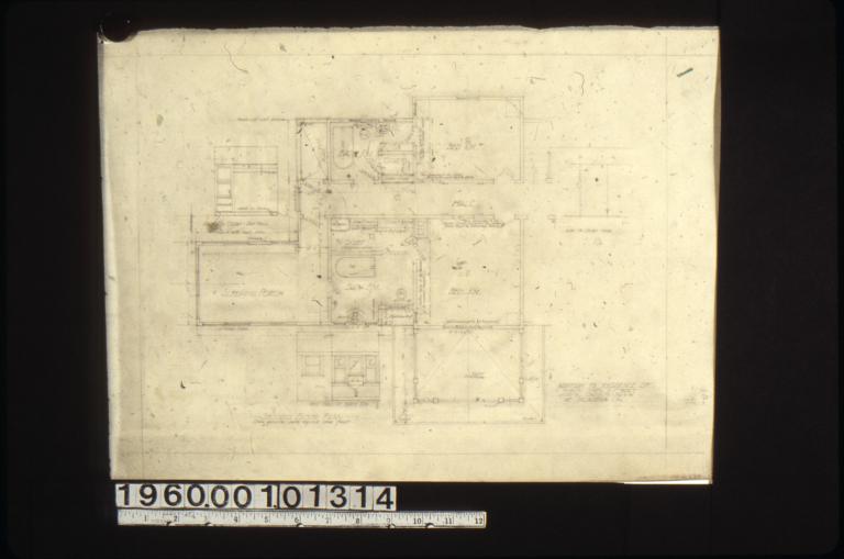 Second floor plan; elevations of linen case\, bathr'm closet east wall\, and west wall of bathr'm.