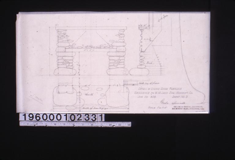 Detail of living room fireplace -- elevation\, section\, plan : Sheet no. 9.