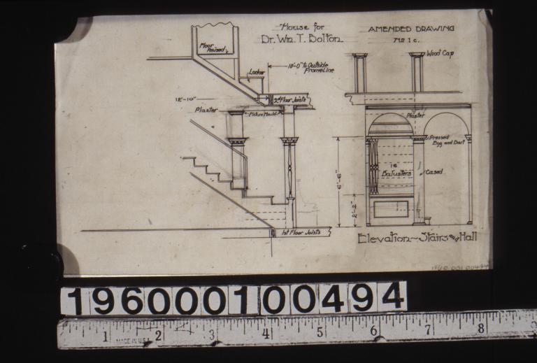 Amended drawing showing section through stairs\, elevation of stairs and hall : No. 1c.