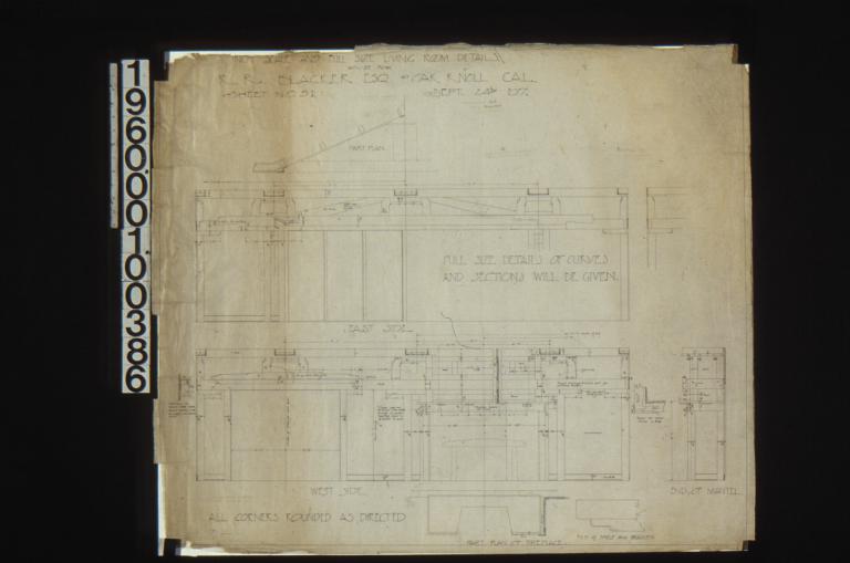 Inch scale and full size living room details -- east side\, west side\, part plan\, part plan of fireplace\, F. S. D. of shelf and brackets\, and of mantel\, plan of shelf : Sheet no. 51\,