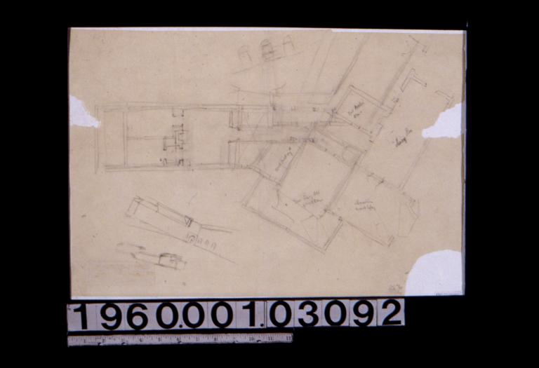 Sketches -- partial floor plan\, arches\, perspective views of exterior of house