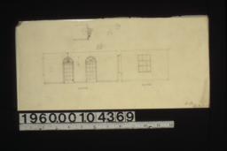 Interior elevations of east wall and so. wall\, detail of door\,