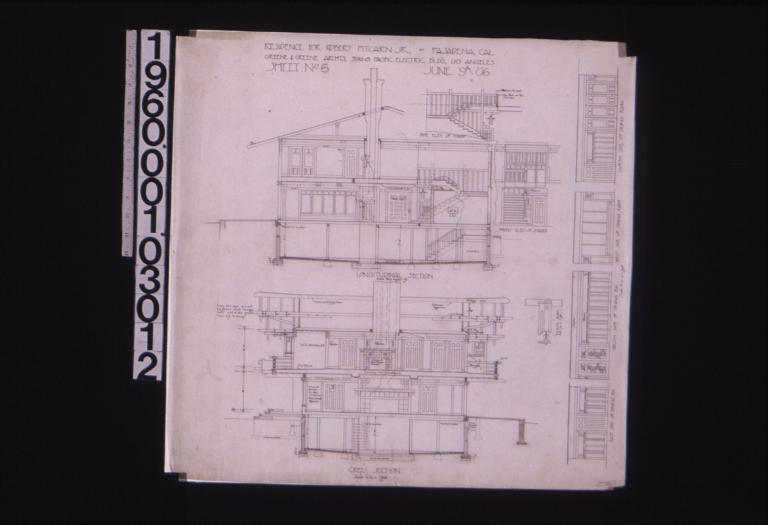 Longitudinal section; cross section; side elev. of stairs\, front elev. of stairs; detail drawing of plate rail; interior elevations -- east side of dining rm\, south side of dining rm\, west side of dining room\, north side of dining room; Sheet no. 6\, (2)