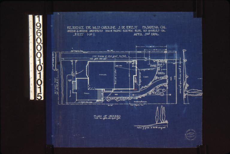 Plan of grounds\, section of grade at "A"-"B" looking west\, elevatin of grade looking north from house : Sheet no. 1\,