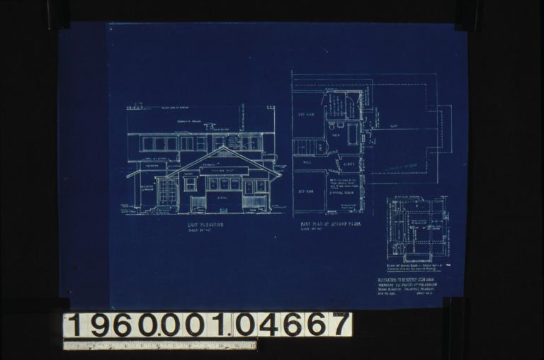 East elevation\, part plan of second floor\, plan of dining room (showing new and old ceiling beams) : Sheet no. 3. (3)