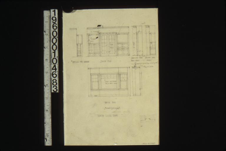 North living room -- section thro' bookcase\, elevation of south end\, section thro' desk\, elevation and section of north end\, unidentified sketch