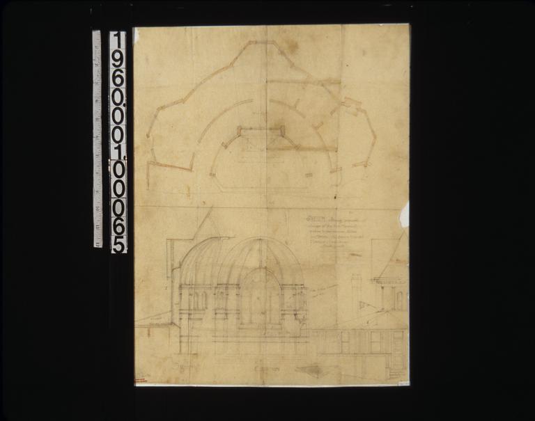 Sketch showing proposed change of the west memorial window to position over alter in chance -- plan\, section\, elevations.