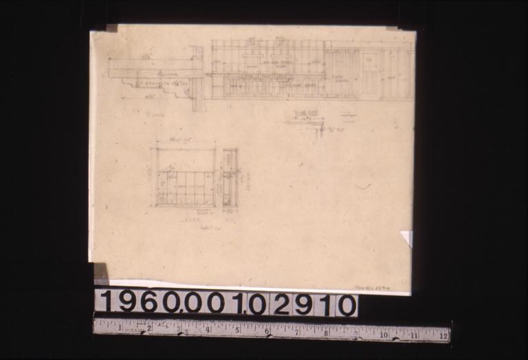 Elevation of wall with cashier windows\, section through counter\, plan and section of money drawers\, sketch of corner