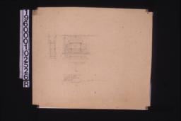 Sideboard -- side elevation showing section\, front elevation\, plan; unidentified rough sketches
