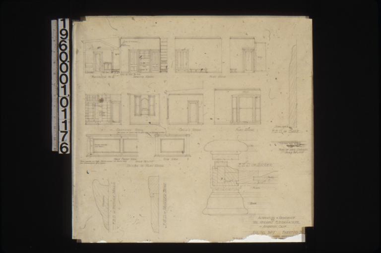 Elevations -- bathroom no. 2\, sewing room\, play room\, dressing room\, child's room\, locker in play room; full size details -- picutre mould\, moulded trim\, locker\, base; plan of medicine cabinet : Sheet no. 3.