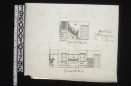 1/4 in. scale detail of hall showing stairs and section of seat; 1/4 in. scale detail of hall north side.