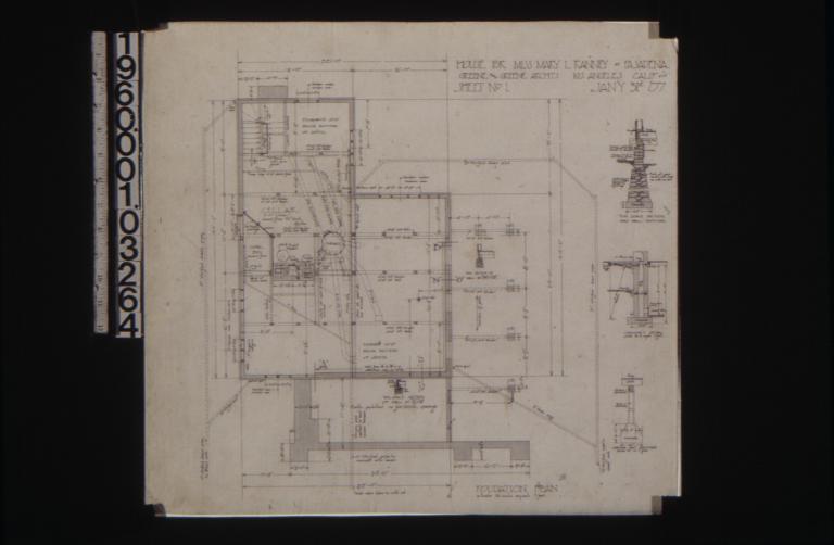 Foundation plan; section thro' wall footings\, chimney detail\, girder post footings\, section of wall at N-O\, section of wall at C-D : Sheet no. 1\, (2)