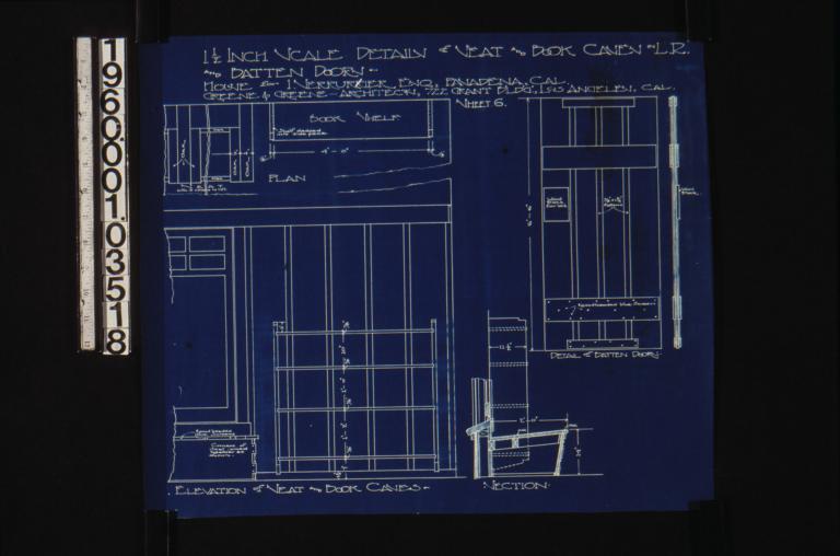 1 1/2 inch scale details of seat and bookcases in living room\, and batten doors -- plan\, section\, and elevation of seat and bookcases; details of batten doors in front and side elevations : Sheet 6.