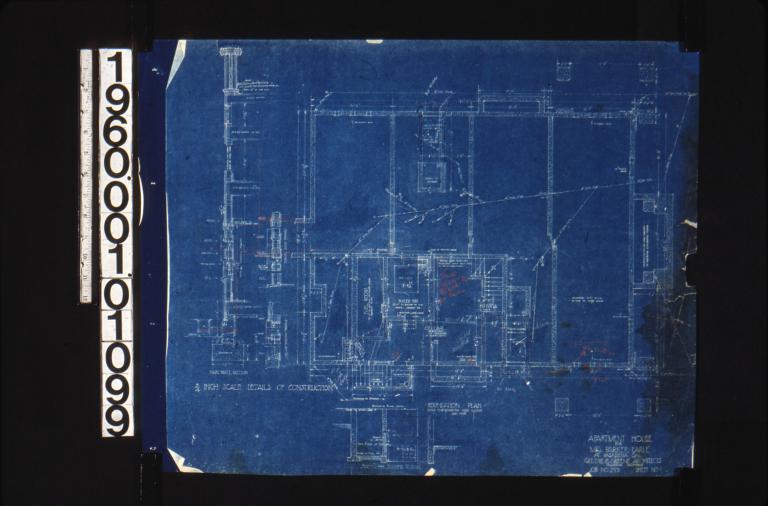 Foundation plan; section thru' boiler room; 3/4 inch scale details of construction -- main wall section\, typical door frames\, cellar window frames : Sheet no. 1.