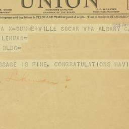Telegram: 1938 April 1