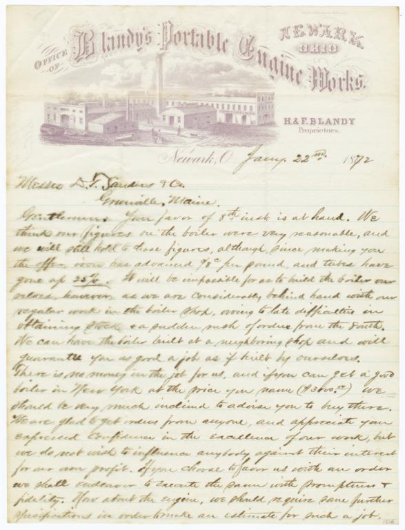 Blandy's Portable Engine Works. Letter - Recto