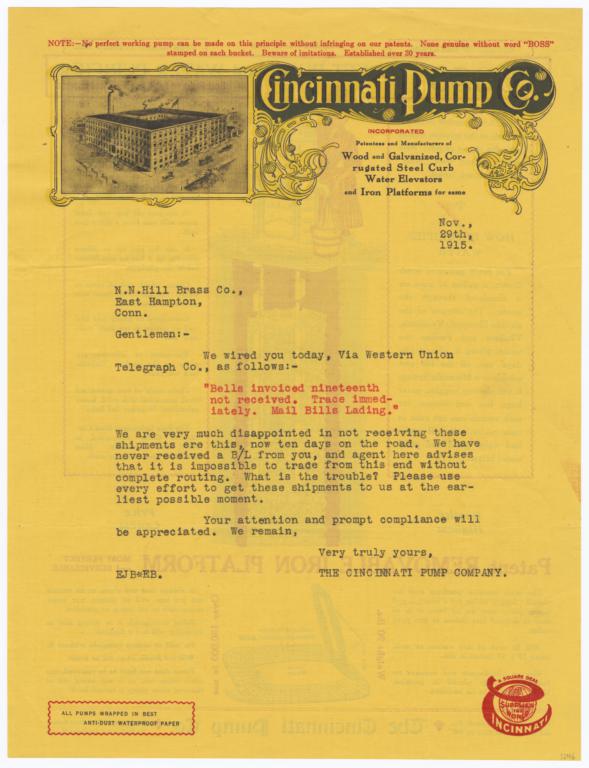 Cincinnati Pump Co.. Letter - Recto