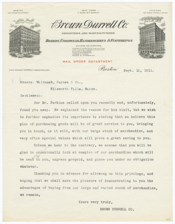 Brown, Durrell & Co.. Letter - Recto