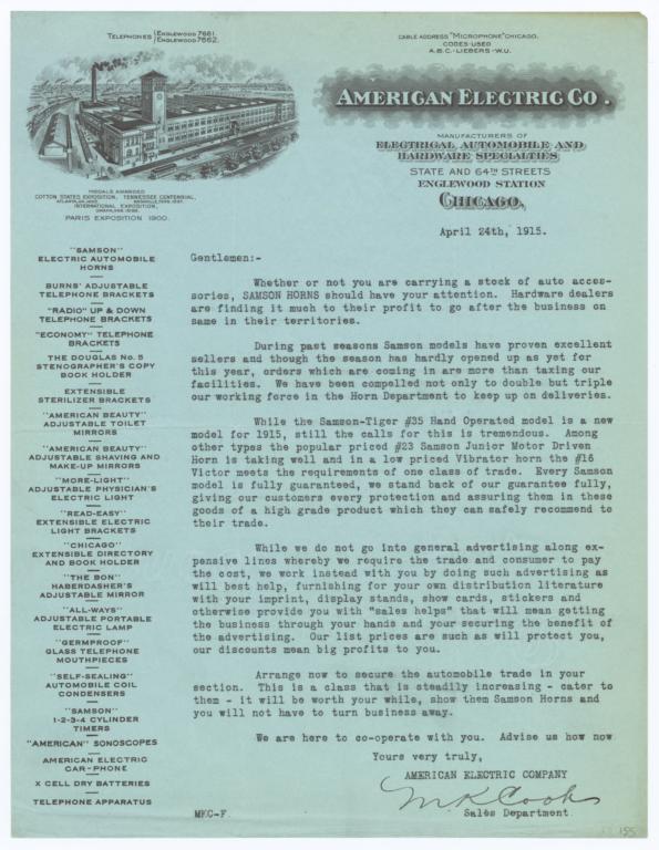 American Electric Co.. Letter - Recto