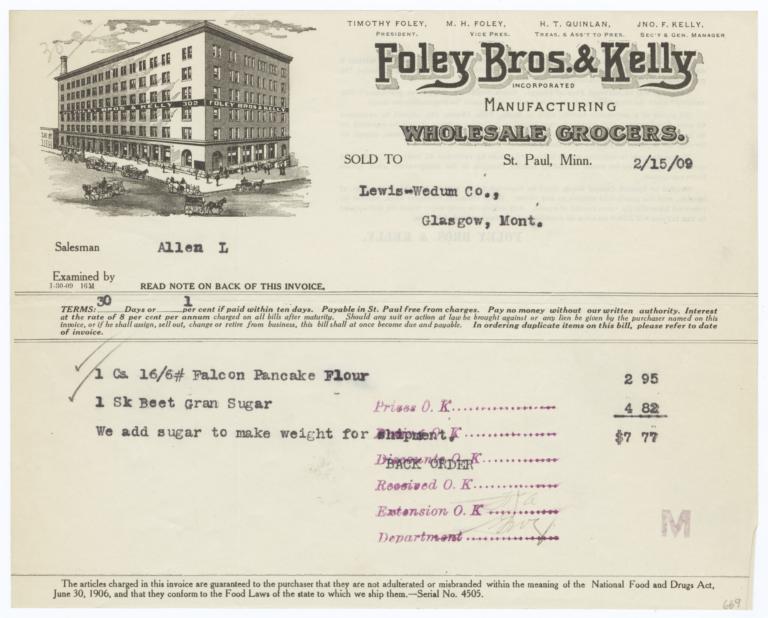 Foley Bros. & Kelly. Bill - Recto