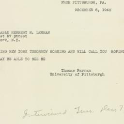 Telegram: 1948 December 6