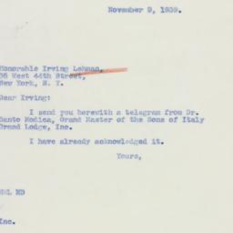 Letter: 1939 November 9