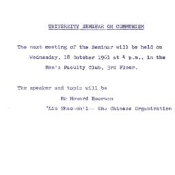 Announcements, 1961-10-18. ...