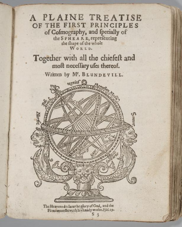 Title page of treatise entitled, 'A Plaine Treatise of the First Principles of Cosmography, and Specially of the Spheare, Representing the Shape of the Whole'