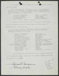Resolution by Carnegie Corporation of New York Board of Trustees regarding proposed changes in the composition of the future Institute of Economics Board of Trustees, signed by Louise Carnegie