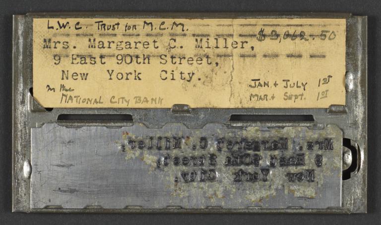 Tin Plate Rolodex Card for Margaret C. Miller, nee Carnegie